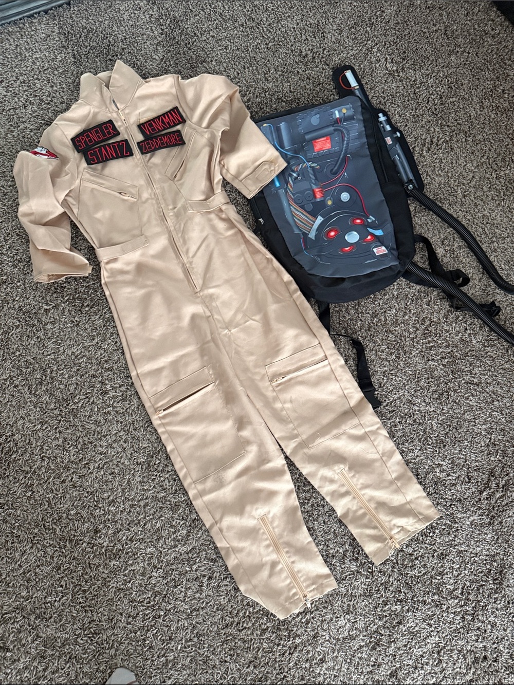Kids Tan Ghost Hunter Jumpsuit Costume with Proton Pack